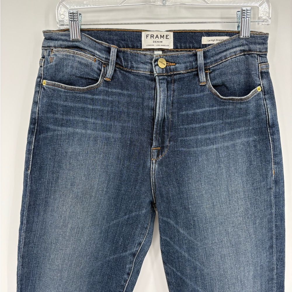 Frame Denim Dark Indigo Straight Leg Jeans with Knee Rip - Picture 2 of 8